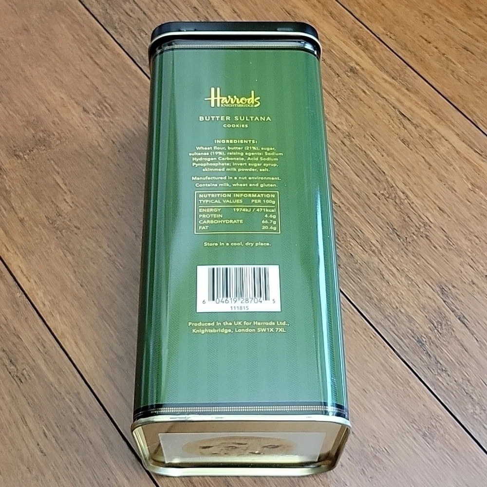 Harrods Knightbridge Butter Sultana Collectible Cookie Tin, Dark Green/Black
